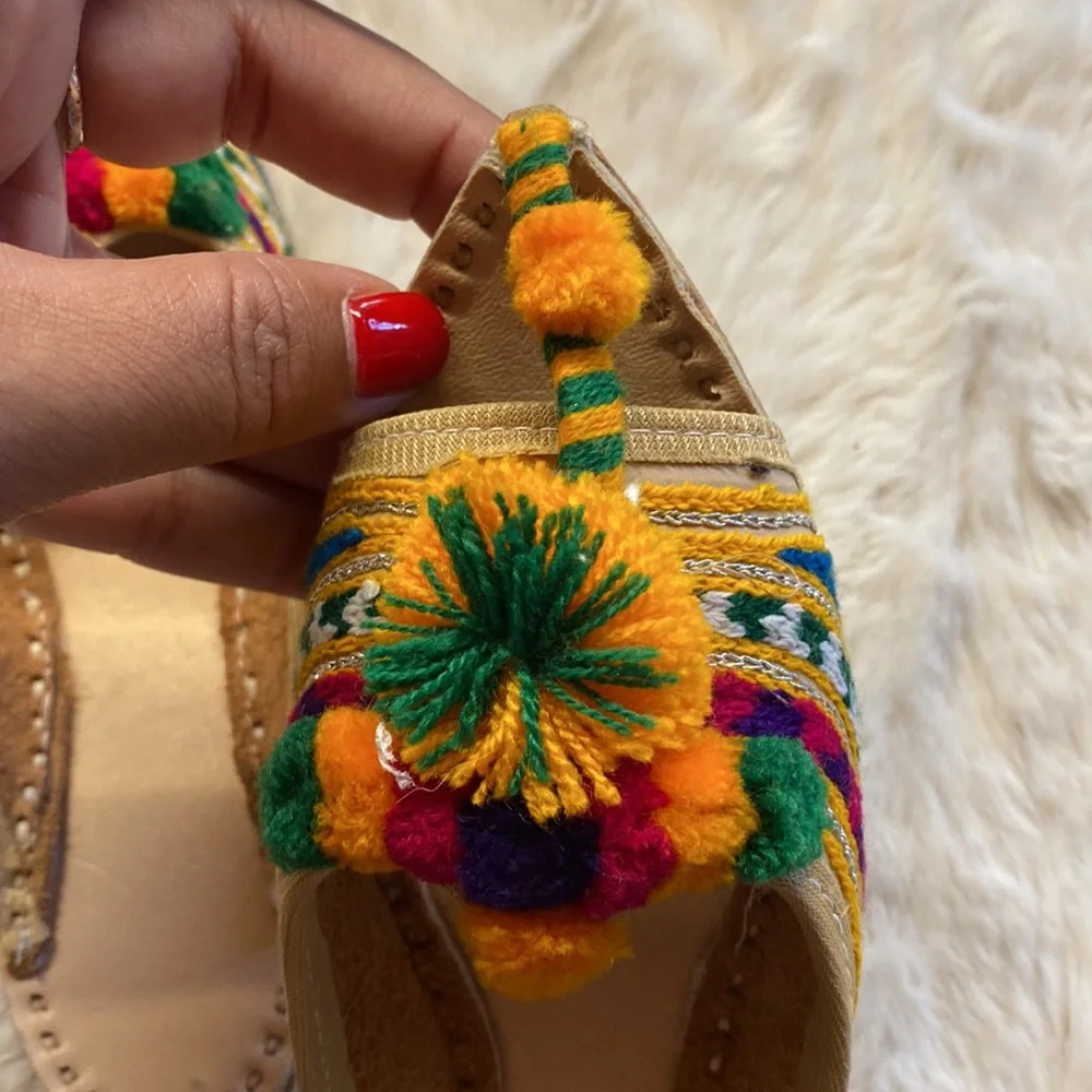 Pom Pom Embroidered Leather Indian Sandals